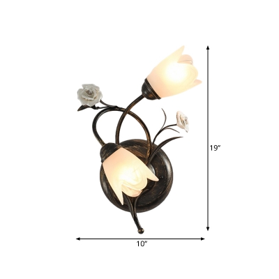 Milk Glass Bronze Sconce Curved Arm 2 Heads Korean Flower Wall Mounted Light Fixture, Left/Right