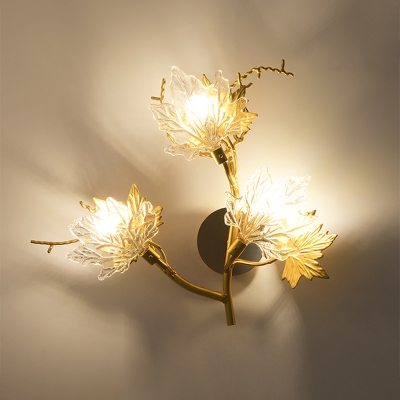 Modern Style Maple Leaf Sconce 3 Lights Clear Glass Wall Mount Light Fixture with Gold Vine