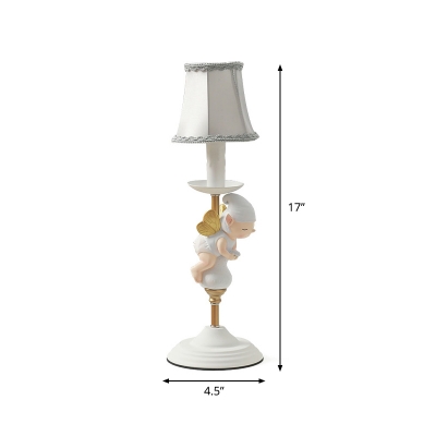 Resin Baby Angel Nightstand Light Kids 1-Light White and Gold Table Lamp with Bell Fabric Shade