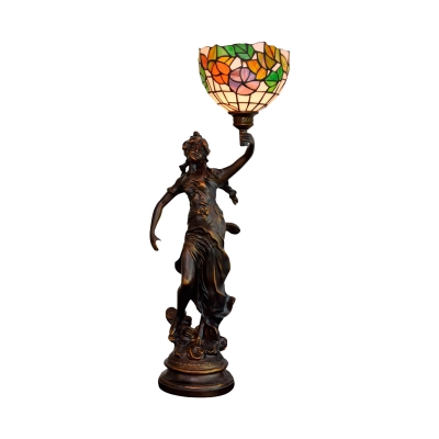 Resin Red/Blue Night Lamp Woman 1-Light Mediterranean Floral Patterned Desk Lighting with Domed Stained Glass Shade