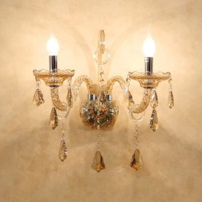 Retro Candlestick Sconce Light 2 Heads Cognac Crystal Wall Lamp with Curved Glass Arm