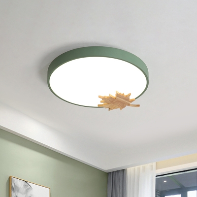 Round Flush Mount Ceiling Light Nordic Acrylic Grey/White/Green LED Flushmount with Wood Leaf Decoration