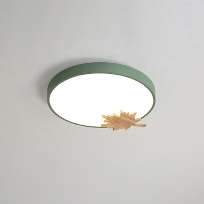 Round Flush Mount Ceiling Light Nordic Acrylic Grey/White/Green LED Flushmount with Wood Leaf Decoration