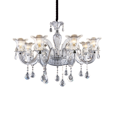 Silver Flower Chandelier Contemporary Clear Glass 6/8 Heads Bedroom Pendant with Crystal Drop
