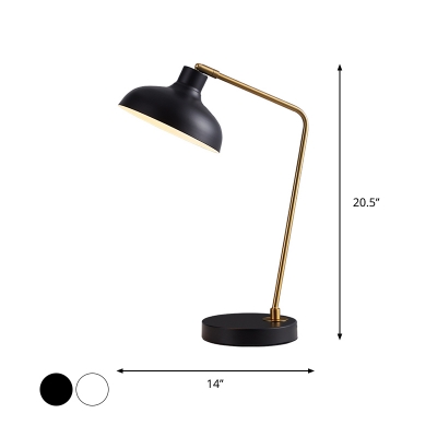 Simple Adjustable Saucer Shade Night Lamp 1-Bulb Living Room Table Lamp with Angled Arm in Black/White-Brass