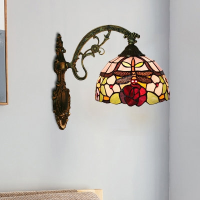 Stained Glass Bronze Wall Mount Light Dome 1-Light Tiffany Sconce Lighting with Dragonfly and Flower Pattern