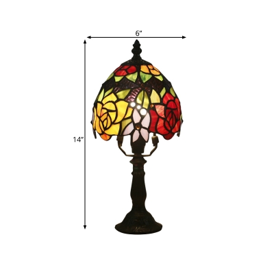 Stained Glass Dark Coffee Desk Lamp Bowl 1 Light Tiffany Table Light with Rose Pattern