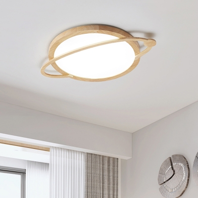 Thinnest Planet Orbit Wood Flush Mount Nordic Beige LED Ceiling Light Fixture with Recessed Acrylic Diffuser