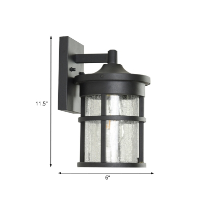 Traditional Cylinder Wall Light Sconce 1-Head Clear Crackle Glass Sconce Lamp in Black