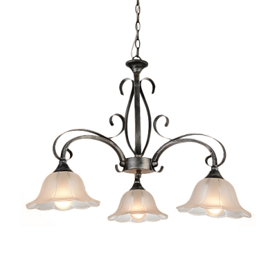 Traditional Floral Pendant Chandelier 3-Light White Glass Hanging Ceiling Light in Silver