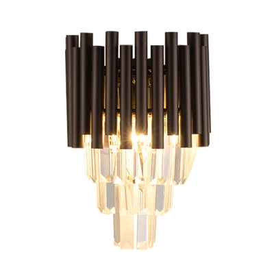 Tube Tiered Bedside Flush Wall Sconce Modern Crystal 2-Light Coffee Wall Mount Light Fixture