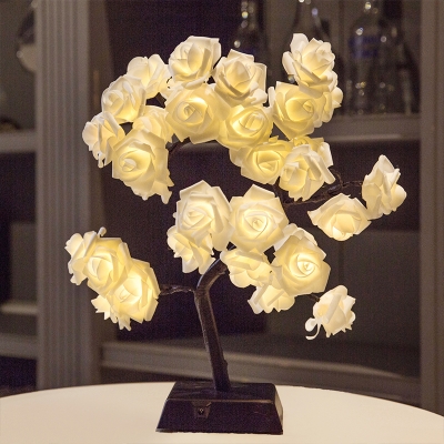 White Rose Plastic Table Lamp Decorative LED Black Nightstand Lighting for Restaurant