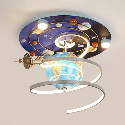 Wood World Globe Flush Ceiling Light Kid Blue Rotatable LED Flushmount Lighting with Spiral Strip
