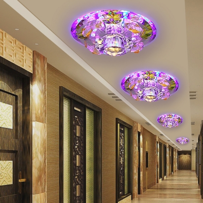 Yellow Circular Ceiling Lighting Minimalism Cut Crystal LED Corridor Flush Light with Fish Decor in Purple/Blue/Multi Color Light