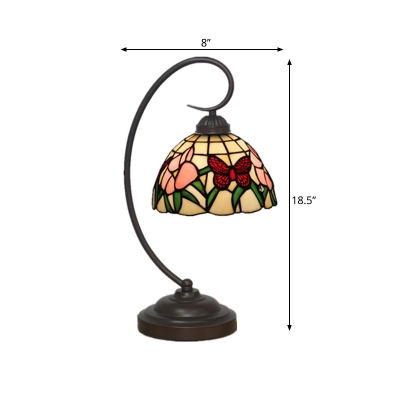 1-Bulb Bedside Night Table Light Tiffany Pink/Orange Floral and Butterfly Patterned Desk Lamp with Dome Stained Glass Shade