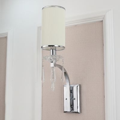 1-Bulb Cylinder Wall Mounted Light Simple Chrome Finish Pleated Fabric Candle Wall Lamp