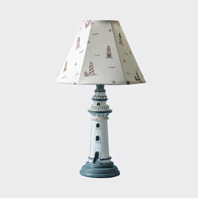 1 Bulb Faceted Bell Shade Table Lamp Coastal White Tower/Boat Pattern/Striped Fabric Night Light with Lighthouse Base