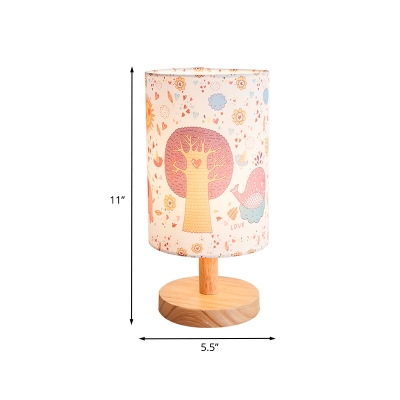 1-Head Child Room Night Light Cartoon Wood Table Lighting with Tree Pattern Cylindrical Fabric Shade