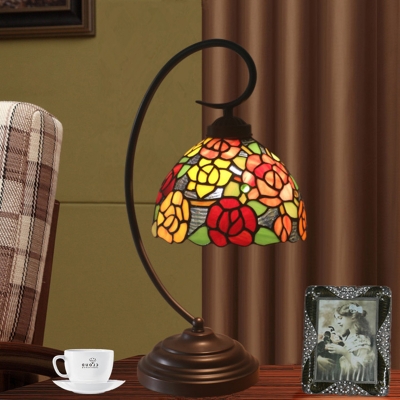 1-Light Dome Shade Night Lamp Tiffany Style Dark Coffee Finish Stained Art Glass Petal Patterned Nightstand Light