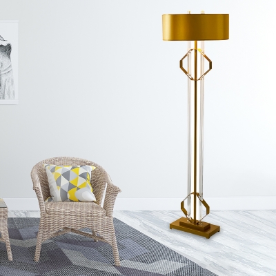 2 Heads Drum Floor Lamp Modern Gold Fabric Standing Floor Light with Clear Crystal Rod