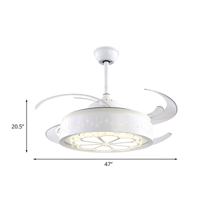 4 Blades White Drum Ceiling Fan Lamp Modernist LED Crystal Semi Flush Mount Light Fixture, 47