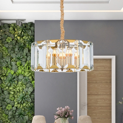 6-Bulb Clear Crystal Chandelier Postmodern Gold Drum Dining Room Hanging Ceiling Light