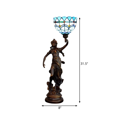 Baroque Bowl Shaped Night Table Lamp 1-Head Stained Glass Desk Lighting in Beige/Blue and White with Resin Woman Base