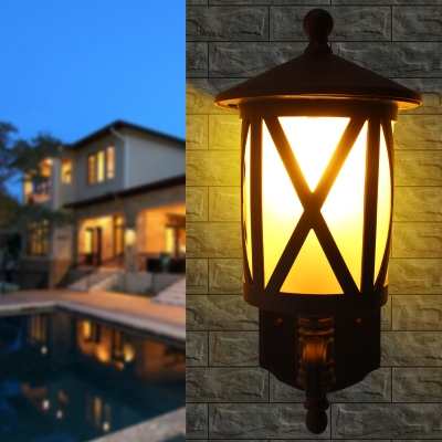 Black 1-Bulb Sconce Light Fixture Rural White Glass Lantern Wall Lighting for Yard