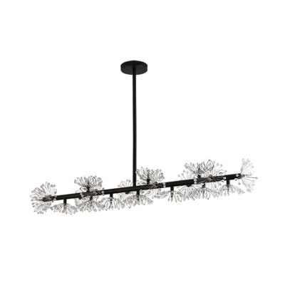 Black 19-Bulb Island Lamp Modern Crystal Flower Ceiling Light with Linear Design for Kitchen