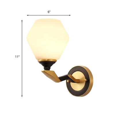 Black and Gold 1/2-Light Wall Lighting Countryside White Glass Diamond Shade Wall Sconce Light with Twisted Arm