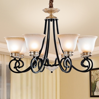 Black Curved Arm Chandelier Retro Metal 6/8 Bulbs Living Room Pendant Light Fixture with Flared Frosted Glass Shade