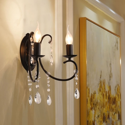 Black Swirled Arm Candle Wall Light Retro Iron 2 Bulbs Living Room Sconce with Crystal Strands