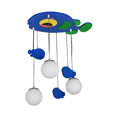 Blue Finish Fish Multi Ceiling Light Cartoon 3-Head Wood Pendulum Lamp with Sphere Cream Glass Shade