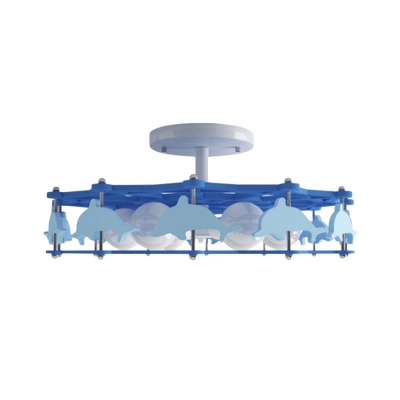 Blue Rudder Cage Ceiling Flush Light Kid 6-Light Iron Semi Mount Lighting with Dolphin Side