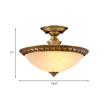 Brass 3 Lights Semi Mount Lighting Classic Frosted Glass Bowl Shade Close to Ceiling Lamp