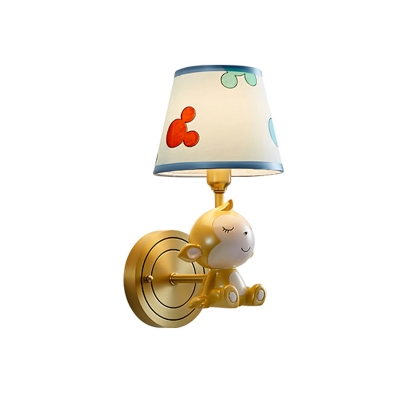 Brass Monkey Sleeping Wall Lamp Cartoon 1-Light Resin Sconce with Tapered Fabric Shade