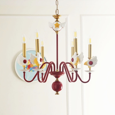 Candelabrum Chandelier Cartoon Metal 6-Light Dark Red and Gold Ceiling Pendant Lamp for Girl Bedroom