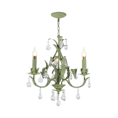 Candle Metal Ceiling Chandelier Romantic Pastoral 3 Lights Bedroom Pendant in Green with Crystal Drop