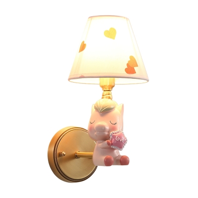 Cartoon 1-Light Sconce Lighting Pink/Blue Cute Sleeping Horse Wall Mounted Lamp with Conic Fabric Shade
