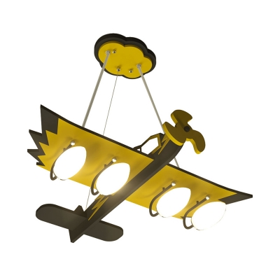Cartoon Aircraft Pendant Chandelier Wood 4-Head Kids Bedroom Hanging Light Kit in Yellow