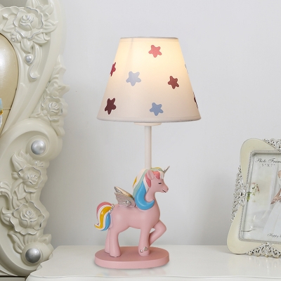 Cartoon Conical Night Light Triangle/Star Print Fabric 1 Head Kids Bedroom Table Lamp with Unicorn Base in Pink/Blue