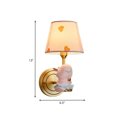 Cartoon Horse Resin Wall Lamp 1-Light Wall Mounted Light Fixture with Fabric Shade in Pink-Gold
