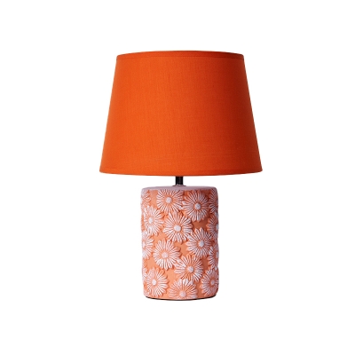 Carved Cylinder Ceramic Table Lighting Macaron 1 Head Pink Night Lamp with Orange Drum Shade