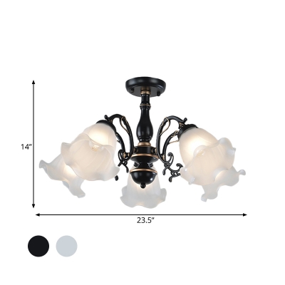 Classic Flower Semi Flush Mount Light 3/5 Heads Cream Glass Flushmount Lighting in Black/White