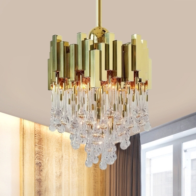 Clear Crystal Teardrop Chandelier Modernism 4 Heads Hallway Hanging Ceiling Light in Gold