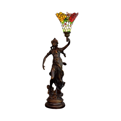Coffee Flared Night Table Light Tiffany 1 Head Cut Glass Floral Patterned Desk Lamp with Woman Base