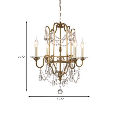 Countryside Candle Chandelier Lighting 4 Lights Iron Pendant Lamp with Crystal Chain and Framework in Gold