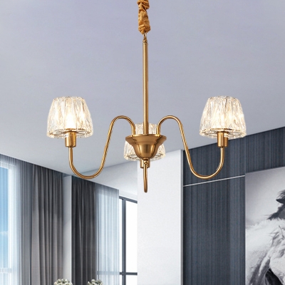 Crystal Cone Ceiling Chandelier Postmodern 3/6-Bulb Living Room Hanging Light with Gold Undulated Arm