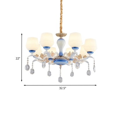 Cup Shade Living Room Pendant Lighting Modern Milk Glass 8-Bulb Blue and White Chandelier with Cut Crystal Drop