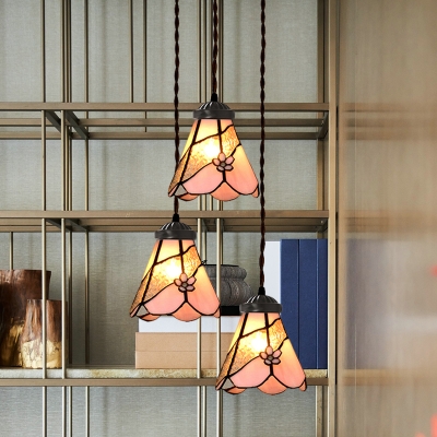 Cut Glass Pink Cluster Pendant Morning Glory/Bowl Shaped 3 Bulbs Tiffany-Style Hanging Ceiling Light